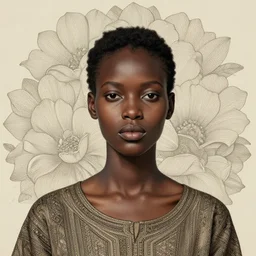 portrait study of an ethiopian woman with floral background : : beauty fashion editorial : : by elena masci, tom bagshaw, giuseppe arcimboldo, artgerm : : portrait, illustration, photorealism, hyperrealism, hyper - maximalist, surrealism, negative space, gestalts, intricate detail, line work, muted, natural tones