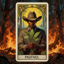 a beautiful dramatic epic ethereal symmetrical painting of a cowboy holding a plant in front of him | he is dark skinned and wearing a cowboy hat | the background is a terrifying forest fire conflagration | tarot card, art deco, art nouveau | by Mark Maggiori | trending on artstation
