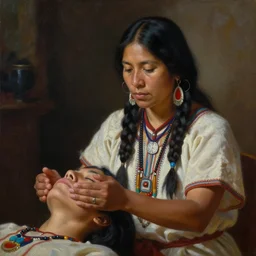 a beautiful painting of an indigenous female shaman doing reiki healing on another woman, matte painting, by christophe vacher