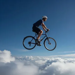 man riding a bicycle flying through the clouds in the sky at the night, the sky is full of stars, digital art, watercolor