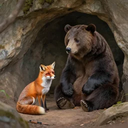 fox and a bear sitting in a cave, painting
