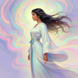 side profile, maya ali, wind sorcerer, dota, robes, elegant, concept art, smooth, colorful psychedelic swirly magic ripples, pastel colors, by greg rutkowski, jesper ejsing, ilya kuvshinov, artgerm, mucha
