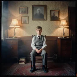 kodak portra 4 0 0, wetplate, 8 mm extreme fisheye, award - winning portrait by britt marling, a handsome 8 yo boy sitting on a chair in a 1 9 2 0 s room, ghost, picture frames, shining lamps, dust, smoke, 1 9 2 0 s furniture, wallpaper, carpet, books, muted colours, wood, fog,