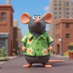 a volatile rat wearing a hawaiian shirt, living in the city, disney character, cartoonish, claymation, photo by wes anderson