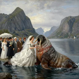 a walrus attacking the bridal procession on the hardangerfjord by hans gude, adolph tidemand