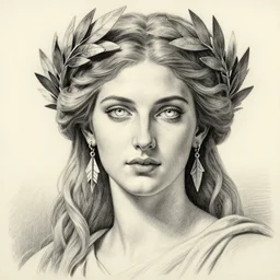 pencil drawing of the beautiful greek goddess aphrodite wearing a laurel wreath and arrowhead earrings, beautiful confident eyes, beautiful flowing hair, white god eyes, hyper realistic face, in the style of greg rutkowski, fantasy, amazing detail, epic, elegant, smooth, sharp focus, from the front
