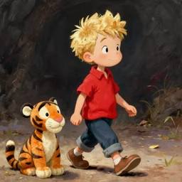 a young boy with spiked blonde hair and a red shirt walking next to a plushie tiger, calvin and hobbes, illustration by bill watterson