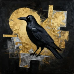 art, crow, award - winning painting, abstract painting, gold and silver shapes, elegant, luxurious, beautiful, pitch black background, chiaroscuro