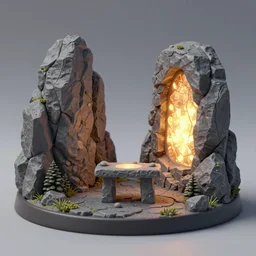 Mounts runa stone altar, glow stone rock portal between mountains, trending on artstation, 30mm, by Tyler Edlin, by Noah Bradley