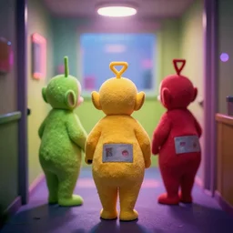teletubbies in the backrooms, high key, disturbing, 8 k, claustrophobic, bokeh, graflex, neon lights
