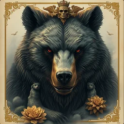 a portrait of a bear, full medium shot, singular figure, volumetric, ethereal, elements, baroque, rococo, ink, tarot card color scheme, cinematics lights, detailed, octane render, fine art by peter mohrbacher & marc simonetti