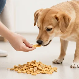 dog with a human leg being fed wheat snacks