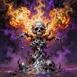 beautiful intricately detailed unsettling objects that make me feel scared made of liquid mercury and exploding liquid nitrogen, in a vibrant fine detailed modern fine art style by Marc Quinn and Damien Hirst with bright huge fireball explosions of colourful violet and gold flame and holi powder