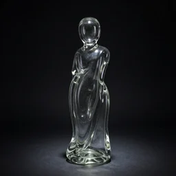 a glass statue made of curves displayed in an empty black room. black background