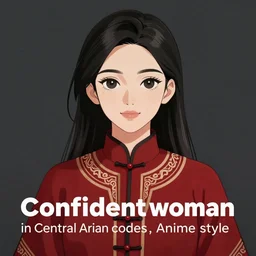 “Confident woman in Central Asian clothes, Anime style”