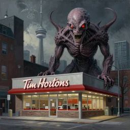 painting of a Tim Hortons in downtown Toronto in the style of Zdzisław Beksiński and H.R. Giger