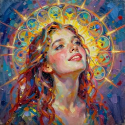 realist pop - art oil painting, impasto, portrait of a young woman, ecstacy, illumination, fibonacci fractals, vibrant colours,