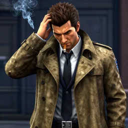 video game still of police detective columbo ( played by young peter falk ) in his messy trenchcoat, smoking a cigar while rubbing his head in the video game yakuza zero