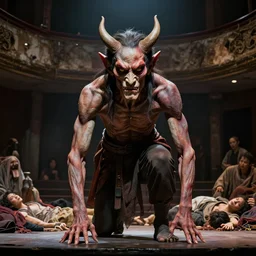 a taiwanese demon lurking on a stage in a rundown distraught theatre filled with the bodies of mortals, professional photography, highly detailed, stunning lighting, artstation, realistic face and anatomy, by thomas kinkade and greg rutkowski