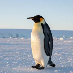 Emperor penguin on early morning dawn, icy antarctica background, sunny and peaceful