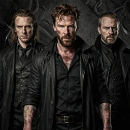 benedict cumberbatch with beard, dirty, thief, evil, underworld boss, tattoos, crime, dungeons and dragons, fame of thrones masterpiece by edgar maxence and ross tran and michael whelan, gustav dore, 8 k, octane render