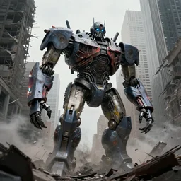 a giant scary robot in the middle of a destroyed manhattan, 8 k n - 4