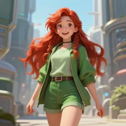 beautiful cute red haired joyful and playful nineteen year old maiden standing up in casual green clothing, long hair, attractive face, modern city, rpg character, sci - fi, fantasy, intricate, elegant, digital painting, artstation, concept art, smooth, 8 k frostbite 3 engine, ultra detailed, art by artgerm magali villeneuve