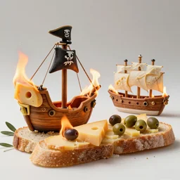 a pirate ship made out of cheese fires olives at a merchant ship made out of bread