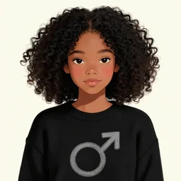 a shy dark skinned brazilian girl blushing, cute, black curly hair, wearing a black sweater with the male symbol drawn on it, digital art, artstation, smooth