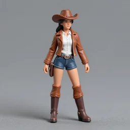 80mm resin miniature of a cow-girl, Short brown leather jacket, white shirts, hot-pants, ten-gallon hat, over-knee boots, Navel, Thigh Skin, Standing with legs open on textured disc base; Miniature product Introduction Photos, Logo at top left of screen, 4K, Full body; Front view