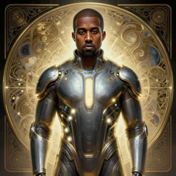 symmetry!! portrait of kanye west, sci - fi, tech wear, glowing lights!! intricate, elegant, highly detailed, digital painting, artstation, concept art, smooth, sharp focus, illustration, art by artgerm and greg rutkowski and alphonse mucha