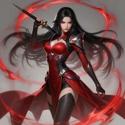 a highly detailed illustration of elegant hime cut long black haired woman wearing red and black battle dress, heroically wielding black blade pose, with red magic surrounding her, intricate, elegant, highly detailed, centered, digital painting, artstation, concept art, smooth, sharp focus, league of legends concept art, WLOP