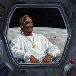snoop dogg chilling in the moon base, moon surface visible through the window, painting by al bean