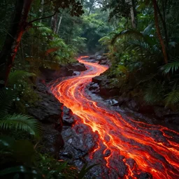 river of glowing red hot lava in the middle of the jungle, digital art, photorealistic, trending on artstation