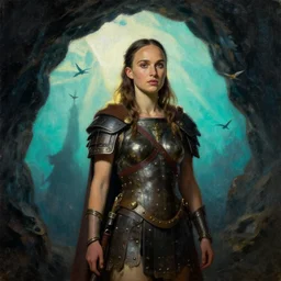 natalie portman barbarian army with backlight , sun rays , big shadows, small bird sihouettes  in cyan background , very textured detailed  oil painting by rembrandt , hard backlight , in dark cave