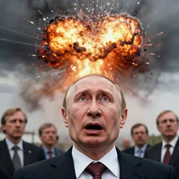 vladimir putin, freaked out!, gasped for air with open mouth, air strike explosion nearby, explosion visible, detailed look directly to sky, looking up, terrified, by donato giancola and greg rutkowski and wayne barlow and zdzisław beksinski, realistic face, digital art