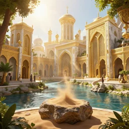rich fantasy city ornate, gold and marble, arabic elements, sand floating on a rock, shining sun, river, guilds, magic, sunlight rays, with  trees and plants around  Darek Zabrocki, Karlkka, trending on Artstation, 8K