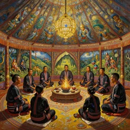 tai warlords sit in tai ethnic group traditional tent, tai interior decoration, oil painting, fantasy, detailed and intricate environment