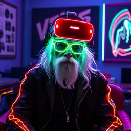 portrait of cyber dumbledore wearing a vr set with lots of neon sitting in his room
