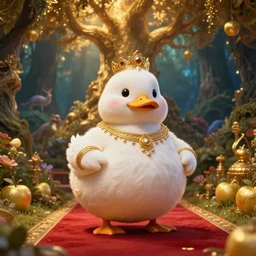 Duck deity, fat figure,Cute, elegant, furry, white, gold, warm, wearing a crown, bracelets and necklaces, red carpet, figure, realistic, hair detailing, background is heavenly,wonderland at night, The light in the deep forest full of mythical creatures of the picture, according to European art, Golden Sacred Tree, Golden Apple, Flower Garden,Hyper realistic render. Den noise. Volumetric Lighting. Dynamitc Lighting. Unreal Engine. octane. Hyper Cinematic lighting