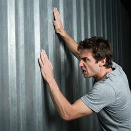 an angry man banging on a metal wall