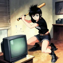 punk girl destroying a crt tv with a spiked baseball bat by ayami kojima