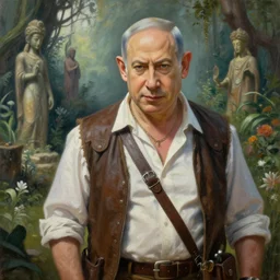 insanely detailed painting of benjamin netanyahu as an explorer, exploring a forbidden garden old gods, depth of field, natural lighting, high contrast art, benjamin netanyahu, by tim hildebrandt and gediminas pranckevicius