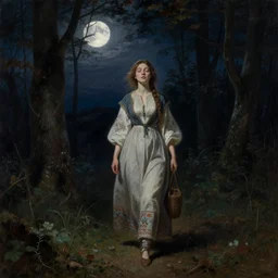 beautiful woman with her eyes closed, walking in the forest at night. full moon. folk horror. john sell cotman