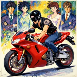 anime key visual concept art of marvel ghost rider, riding a red akira motorcycle, by ashley wood, yoji shinkawa, jamie hewlett, 6 0's french movie poster, french impressionism, vivid colors, palette knife and brush strokes, style of kawacy and makoto shinkai and greg rutkowski