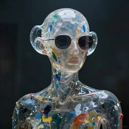 stunning, breathtaking, awe - inspiring award - winning biomorphic anthropomorpic transparent gelatinous humanoid wearing shades abstract expressionist splatter painting, extremely moody lighting