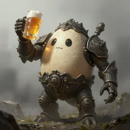 egg carrier monster drinks beer, beer, glass, beer mug in hand, intricate, triumphantly, foggy background, full body art, dark souls, drawing, concept art, artstation, digital painting