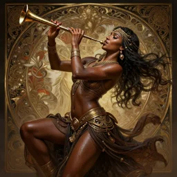 dancer, arabian, dark skin, passionate , seductive, playing an instrument, sweaty, intricate fashion clothing, insane, intricate, highly detailed, digital painting, artstation, concept art, smooth, sharp focus, illustration, Unreal Engine 5, 8K, art by artgerm and greg rutkowski and alphonse mucha
