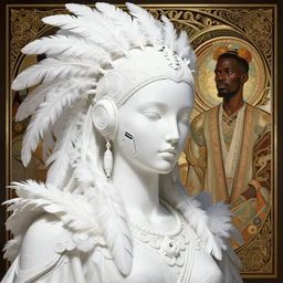 white statue!! portrait of a cyberpunk machine, machine face, upper half portrait, decorated with feathers, african man, traditional chinese art, intricate, elegant, highly detailed, headpiece, digital painting, artstation, concept art, smooth, sharp focus, illustration, art by artgerm and greg rutkowski and alphonse mucha, 8 k