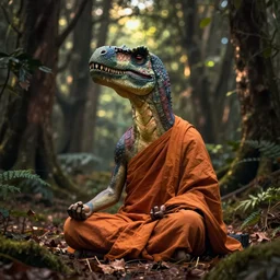 trex monk meditating in the forest, calm